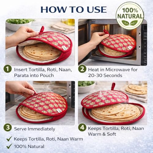 Aksobha Cotton Roti Pouch Pack of 2 – Microwave Safe Chapati Cover Cloth Bag to Keep Roti, Tortilla, Naan & Paratha Warm | Reusable Insulated Roti Warmer for Kitchen & Travel - Image 3
