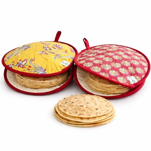 Aksobha Cotton Roti Pouch Pack of 2 – Microwave Safe Chapati Cover Cloth Bag to Keep Roti, Tortilla, Naan & Paratha Warm | Reusable Insulated Roti Warmer for Kitchen & Travel - Image 1