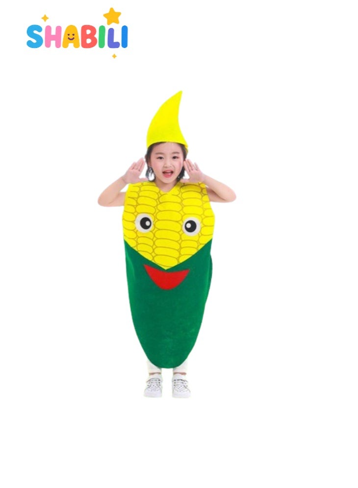 SHABILI Kids Corn Costume Outfit for Boys and Girls, Cute Yellow and Green Vegetable Fancy Dress for Halloween, School Stage, Cosplay and Party, Cartoon Corn Outfit with Hat (Non-Woven Fabric, Fits 100–140cm) - Image 1