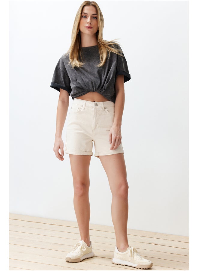 trendyol - Ecru High Waist Denim Shorts with Folded Legs TWOSS20SR0231 - Image 1