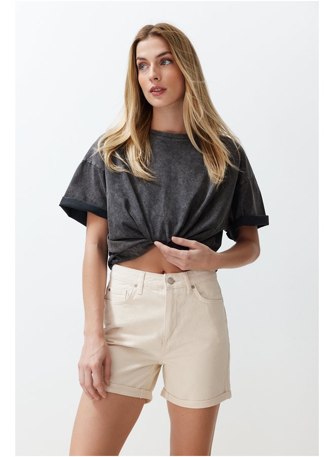 trendyol - Ecru High Waist Denim Shorts with Folded Legs TWOSS20SR0231 - Image 1
