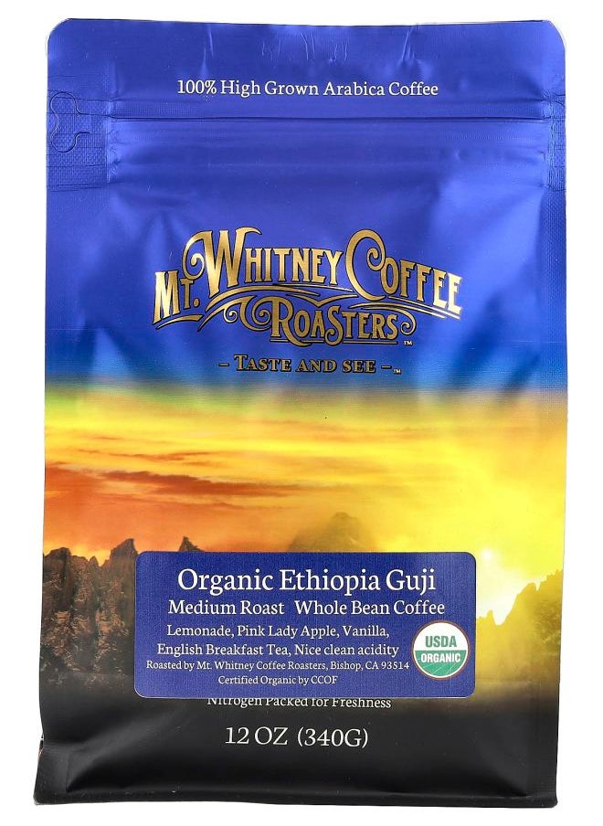 MT. WHITNEY COFFEE ROASTERS Organic Ethiopia Guji Whole Bean Coffee Medium Roast 12 oz (340 g) 