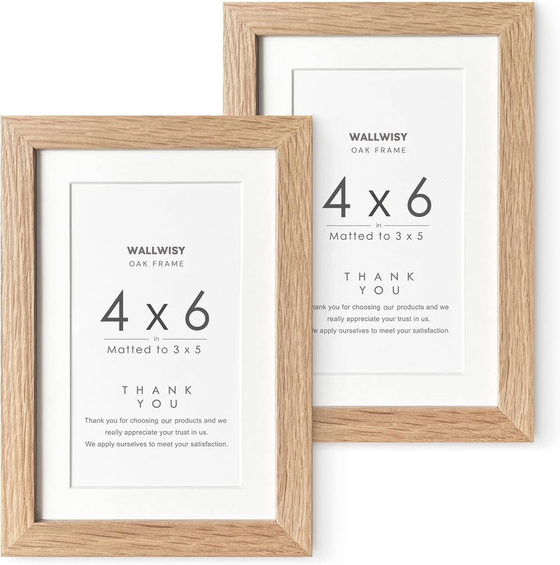 wallwisy 4x6 Picture Frame, Solid Oak Wood 4x6 Picture Frames with Mat to 3x5(Openning Size is 2.75x4.75), Natural Oak 6x4 Frame, Set of 2 - Image 1