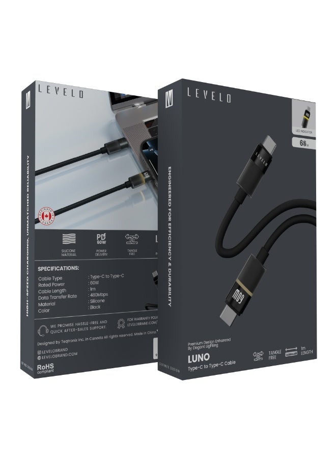 ليفيلو كابل USB-C إلى USB-C بتصميم فاخر مع مؤشر LED 1 متر وإضاءة أنيقة Luno 60W / مؤشر LED / كابل سيليكون للشحن ونقل البيانات / سرعة نقل البيانات 480 ميجابت في الثانية - أسود - Image 5