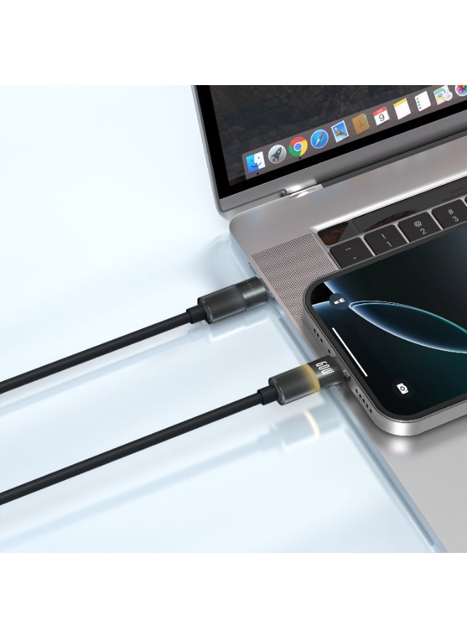 ليفيلو كابل USB-C إلى USB-C بتصميم فاخر مع مؤشر LED 1 متر وإضاءة أنيقة Luno 60W / مؤشر LED / كابل سيليكون للشحن ونقل البيانات / سرعة نقل البيانات 480 ميجابت في الثانية - أسود - Image 2