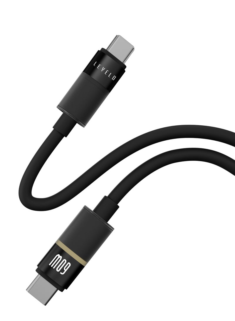 ليفيلو كابل USB-C إلى USB-C بتصميم فاخر مع مؤشر LED 1 متر وإضاءة أنيقة Luno 60W / مؤشر LED / كابل سيليكون للشحن ونقل البيانات / سرعة نقل البيانات 480 ميجابت في الثانية - أسود - Image 4