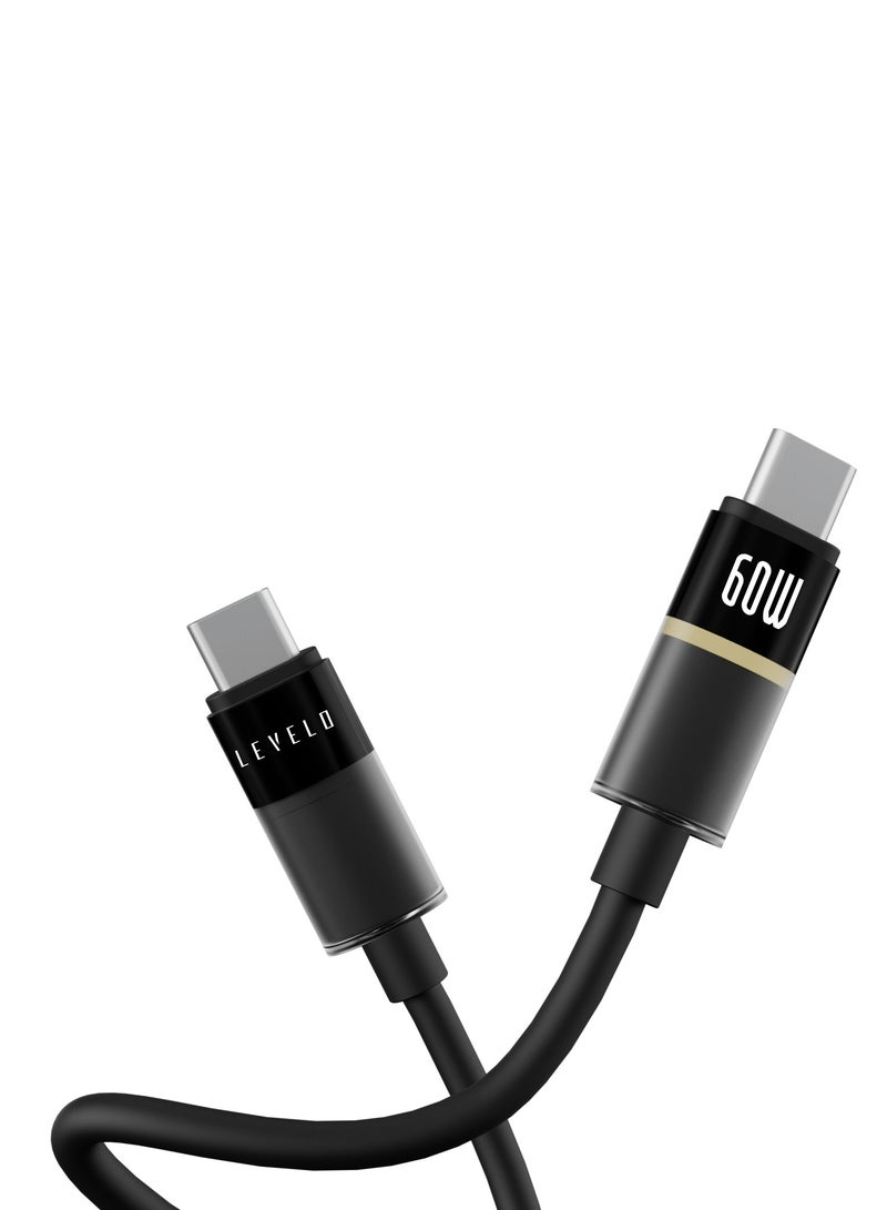 ليفيلو كابل USB-C إلى USB-C بتصميم فاخر مع مؤشر LED 1 متر وإضاءة أنيقة Luno 60W / مؤشر LED / كابل سيليكون للشحن ونقل البيانات / سرعة نقل البيانات 480 ميجابت في الثانية - أسود - Image 3