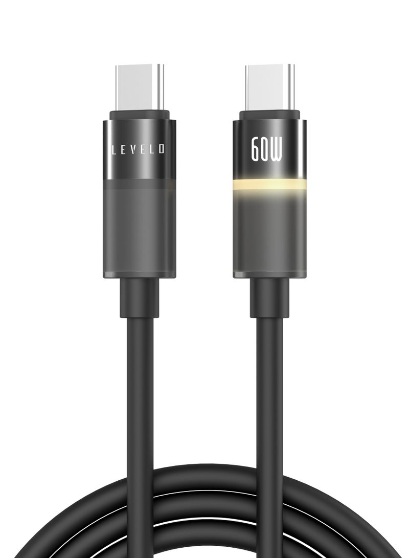 ليفيلو كابل USB-C إلى USB-C بتصميم فاخر مع مؤشر LED 1 متر وإضاءة أنيقة Luno 60W / مؤشر LED / كابل سيليكون للشحن ونقل البيانات / سرعة نقل البيانات 480 ميجابت في الثانية - أسود - Image 1