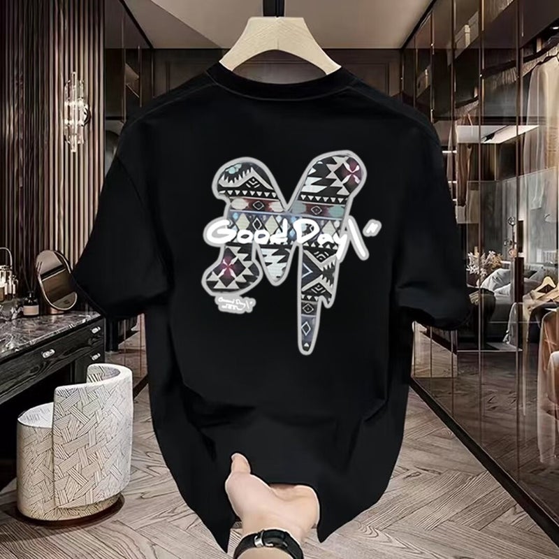 American Style Handsome Short-Sleeved T-Shirt for Men and Women Summer Instagram Popular Brand Personalized Printed Necklace All-Match Short-Sleeved Top Black - Image 1