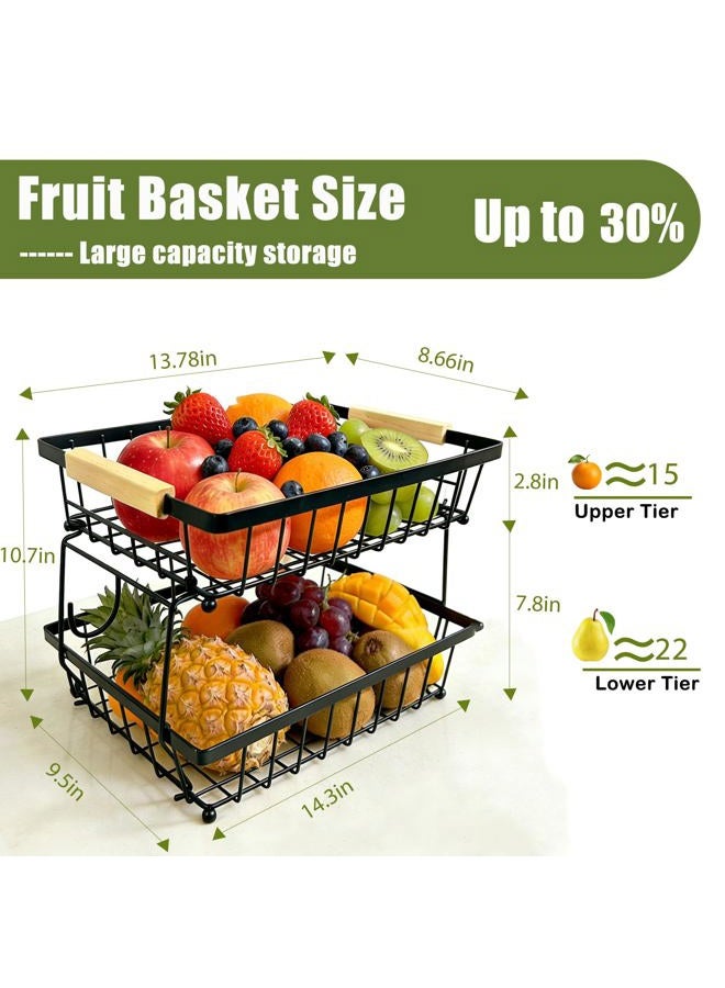 ROBMOR Fruit Vegetable Basket for Kitchen, Storage Cart, Vegetable Basket Bins, Countertop Metal Wire Organizer with 2 Detachable Banana Hangers & Bowl, 2 Tier - Image 3