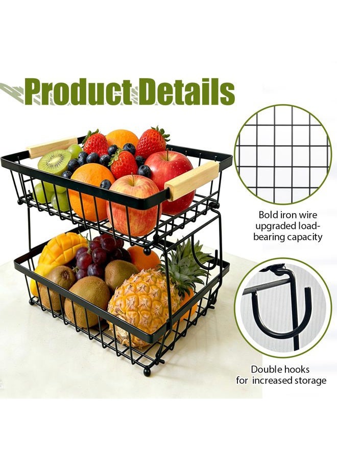 ROBMOR Fruit Vegetable Basket for Kitchen, Storage Cart, Vegetable Basket Bins, Countertop Metal Wire Organizer with 2 Detachable Banana Hangers & Bowl, 2 Tier - Image 4