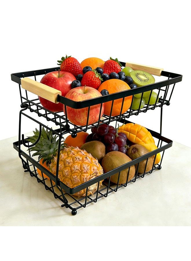 ROBMOR Fruit Vegetable Basket for Kitchen, Storage Cart, Vegetable Basket Bins, Countertop Metal Wire Organizer with 2 Detachable Banana Hangers & Bowl, 2 Tier - Image 1