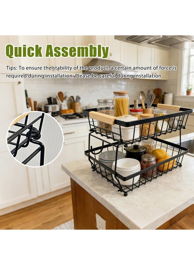 ROBMOR Fruit Vegetable Basket for Kitchen, Storage Cart, Vegetable Basket Bins, Countertop Metal Wire Organizer with 2 Detachable Banana Hangers & Bowl, 2 Tier - Image 5