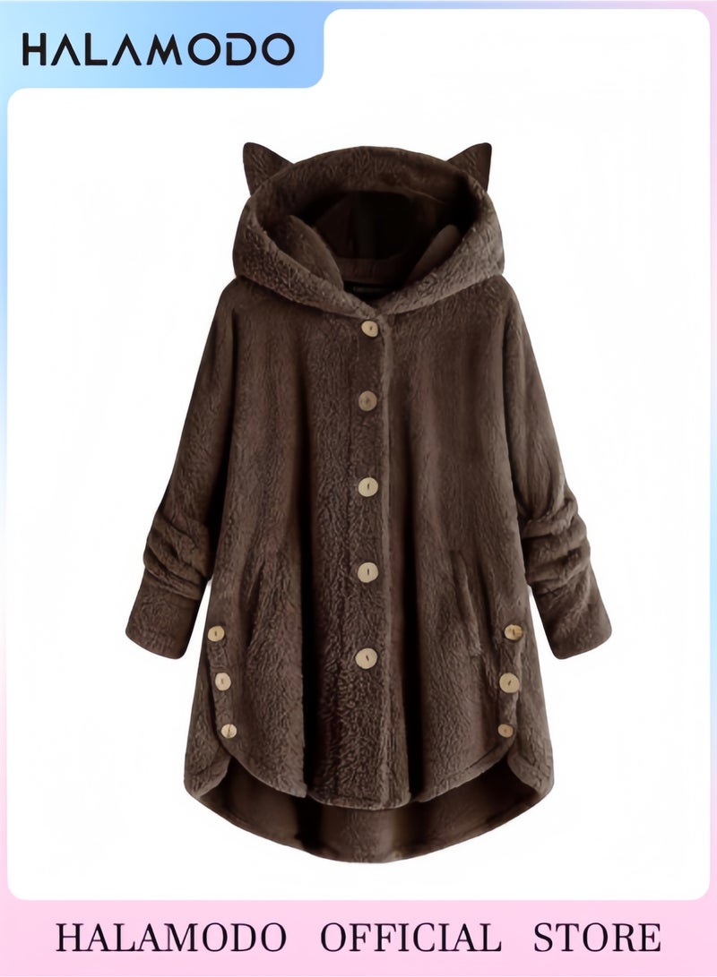 HALAMODO Women's Long Fleece Sherpa Hoodie Winter Warm Fuzzy Jacket Coats Outerwear with Pocket - Image 1