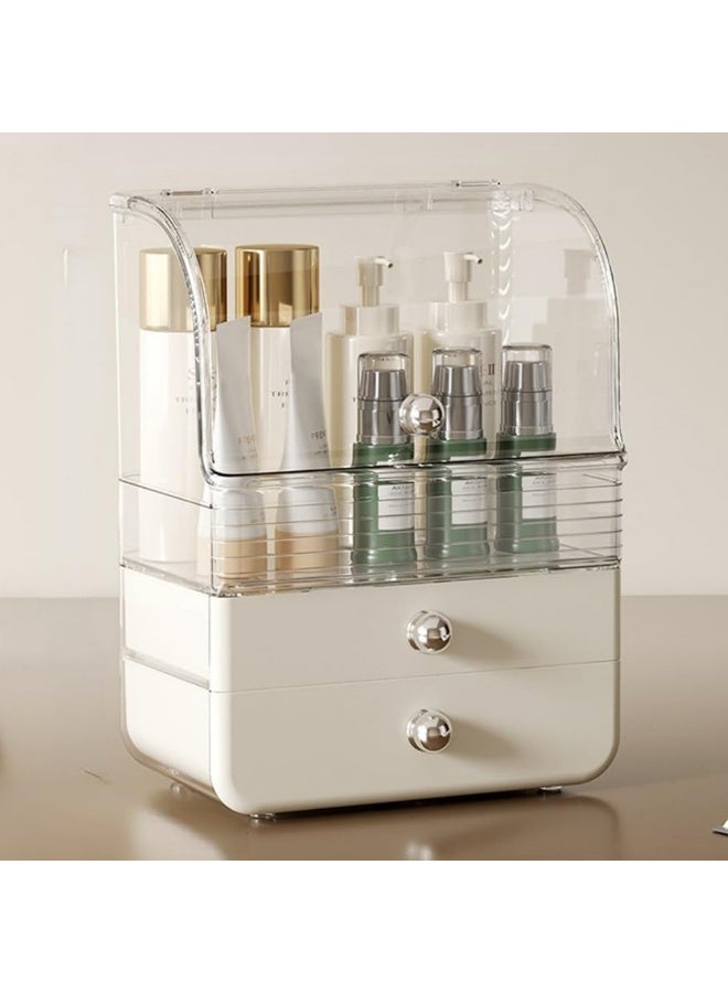 صندوق منظم مستحضرات التجميل شفاف قابل للطي مع درج تخزين لسطح المكتب وحامل أحمر الشفاه - أبيض كريمي - Image 1