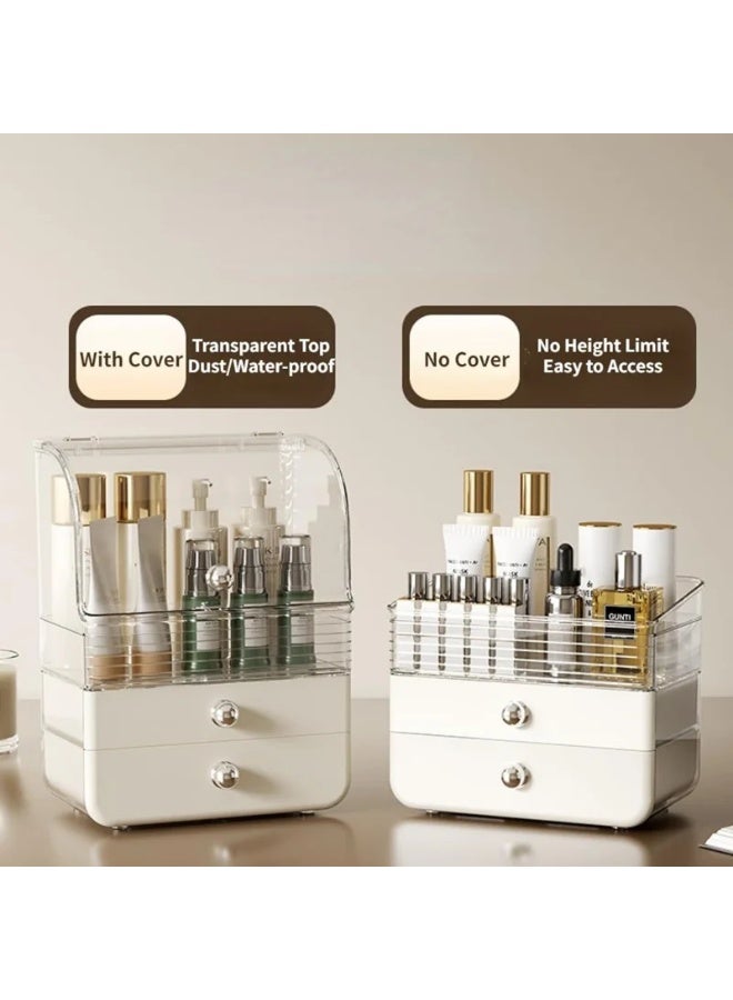صندوق منظم مستحضرات التجميل شفاف قابل للطي مع درج تخزين لسطح المكتب وحامل أحمر الشفاه - أبيض كريمي - Image 3