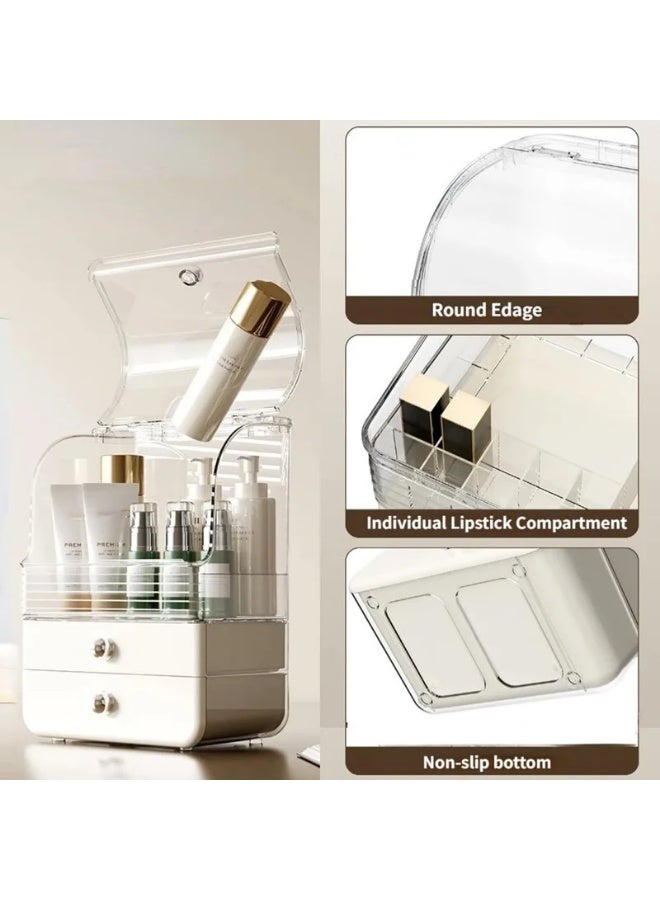 صندوق منظم مستحضرات التجميل شفاف قابل للطي مع درج تخزين لسطح المكتب وحامل أحمر الشفاه - أبيض كريمي - Image 4