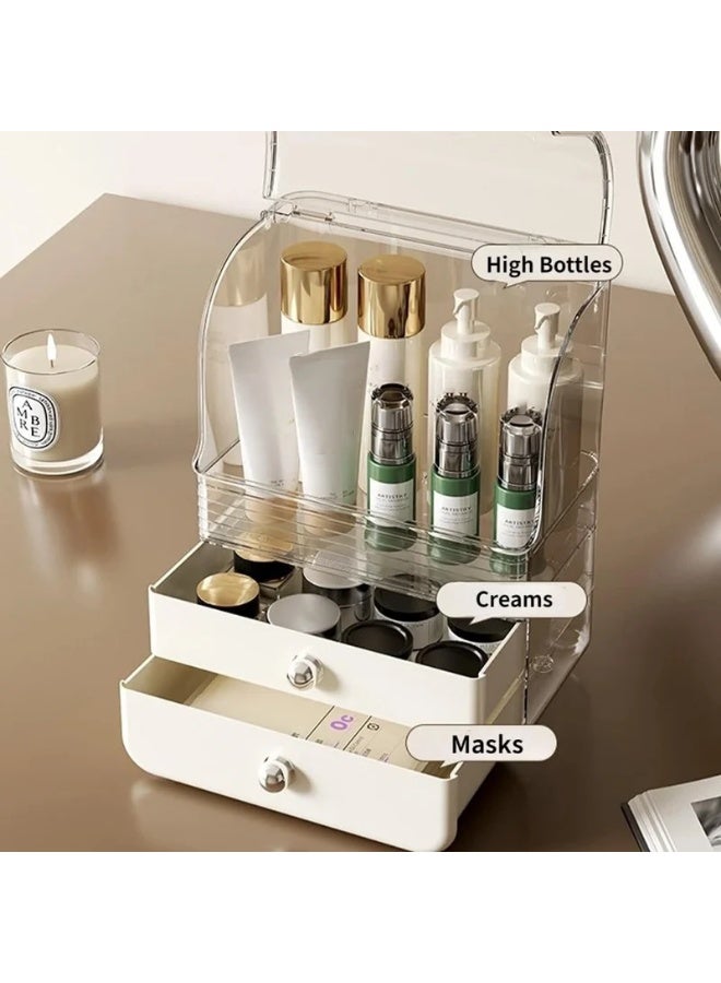صندوق منظم مستحضرات التجميل شفاف قابل للطي مع درج تخزين لسطح المكتب وحامل أحمر الشفاه - أبيض كريمي - Image 5