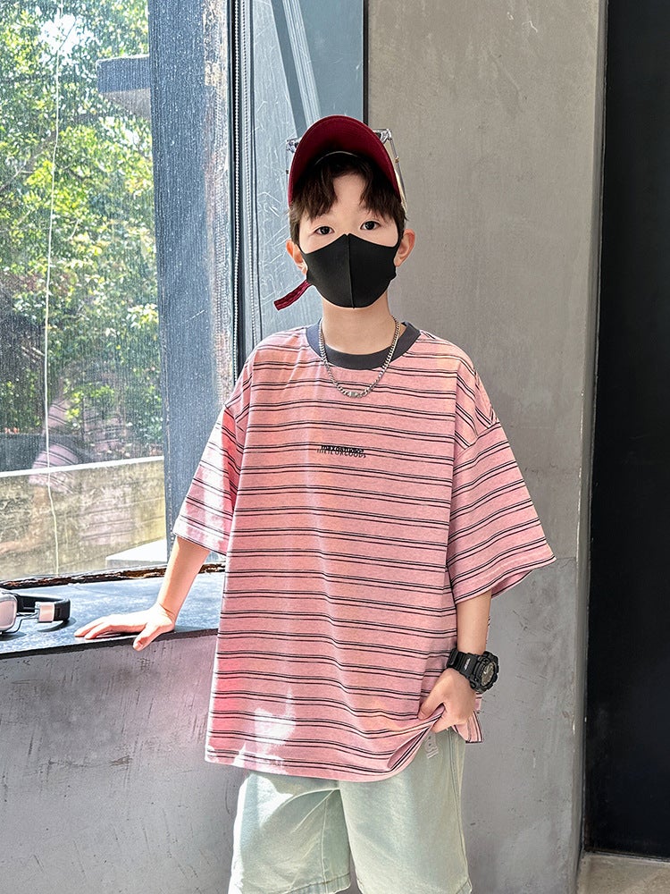 Summer Boys Short-Sleeved T-Shirt New Children'S Wear Kids Boys Striped T Personality Trendy Cool Teenager Half-Sleeved Top - Image 3