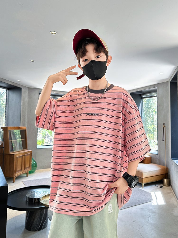 Summer Boys Short-Sleeved T-Shirt New Children'S Wear Kids Boys Striped T Personality Trendy Cool Teenager Half-Sleeved Top - Image 5