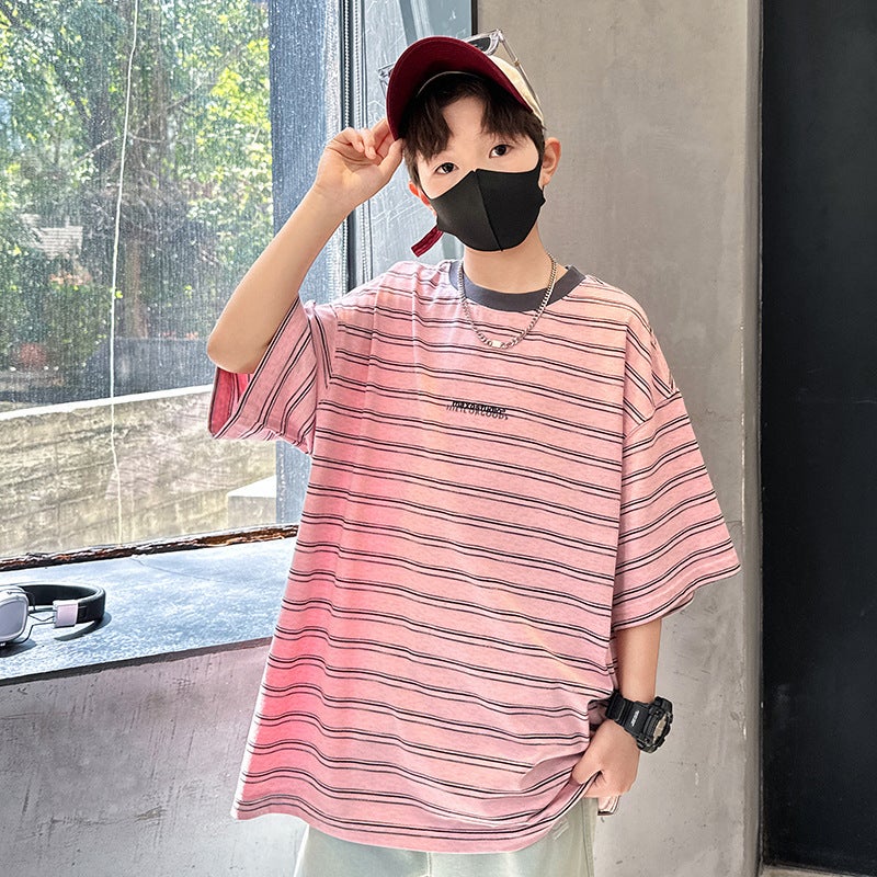 Summer Boys Short-Sleeved T-Shirt New Children'S Wear Kids Boys Striped T Personality Trendy Cool Teenager Half-Sleeved Top - Image 1