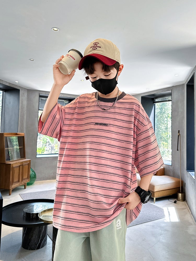 Summer Boys Short-Sleeved T-Shirt New Children'S Wear Kids Boys Striped T Personality Trendy Cool Teenager Half-Sleeved Top - Image 2