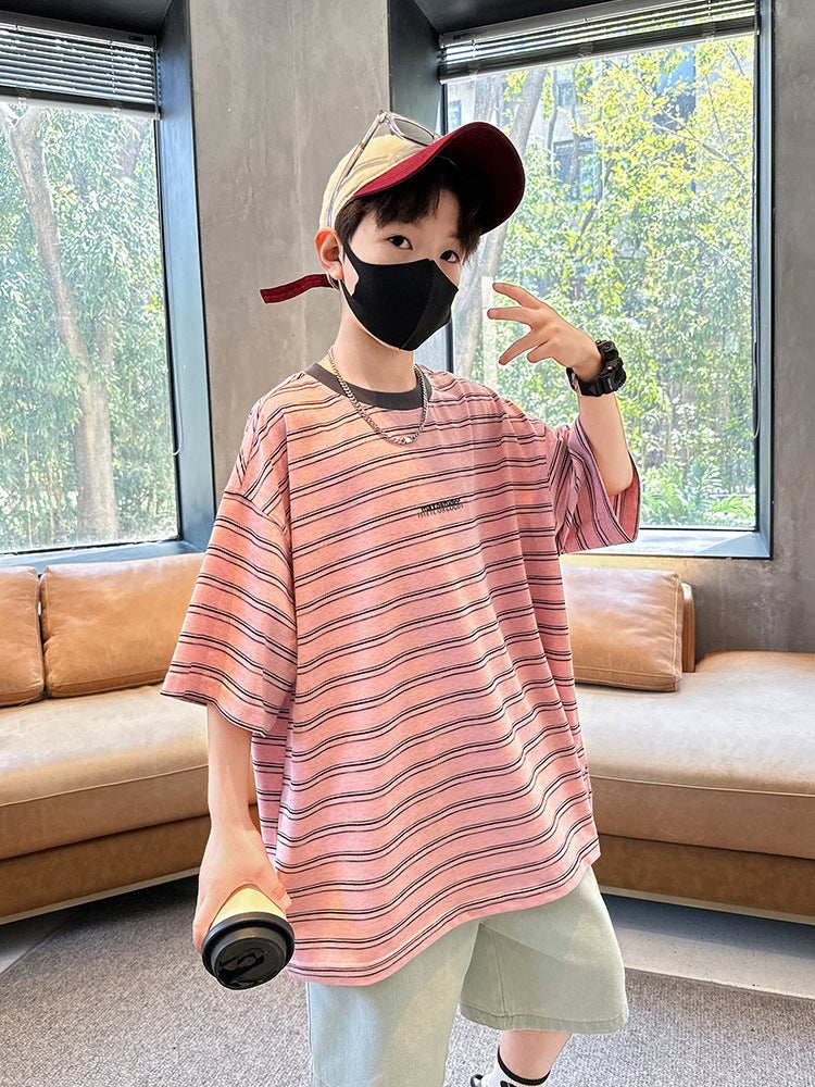Summer Boys Short-Sleeved T-Shirt New Children'S Wear Kids Boys Striped T Personality Trendy Cool Teenager Half-Sleeved Top - Image 4