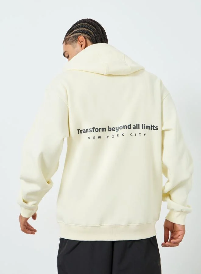 Men Cream Slogan Print Fleece Hoodie