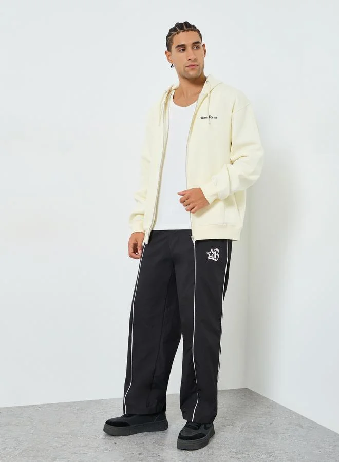 Styli Men Cream Slogan Print Fleece Hoodie