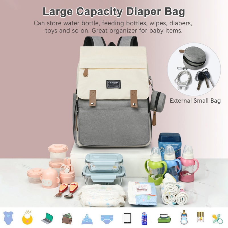 Diaper Bag Backpack: Beige Large Capacity Diaper Bag - With 2 Thermal Bottle Pockets Water-resistant Nylon Diaper Bag for Baby Travel, Strolling and Novice Parents - Image 2