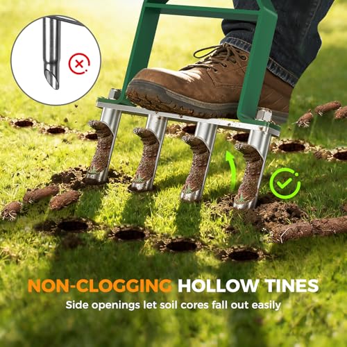 Suntee Lawn Aerator Tool, Manual Core Aerator Lawn Tool with 4 Stainless Steel Hollow Tines, Adjustable Height Semi-Assembled Heavy Duty Steel Grass Aeration for Lawn Care, Green - Image 2