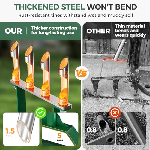 Suntee Lawn Aerator Tool, Manual Core Aerator Lawn Tool with 4 Stainless Steel Hollow Tines, Adjustable Height Semi-Assembled Heavy Duty Steel Grass Aeration for Lawn Care, Green - Image 3