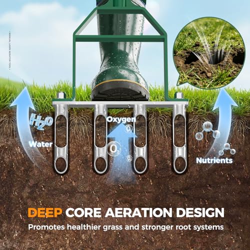 Suntee Lawn Aerator Tool, Manual Core Aerator Lawn Tool with 4 Stainless Steel Hollow Tines, Adjustable Height Semi-Assembled Heavy Duty Steel Grass Aeration for Lawn Care, Green - Image 4