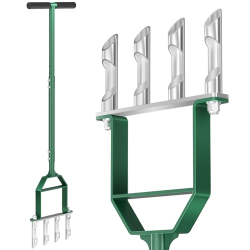 Suntee Lawn Aerator Tool, Manual Core Aerator Lawn Tool with 4 Stainless Steel Hollow Tines, Adjustable Height Semi-Assembled Heavy Duty Steel Grass Aeration for Lawn Care, Green - Image 1