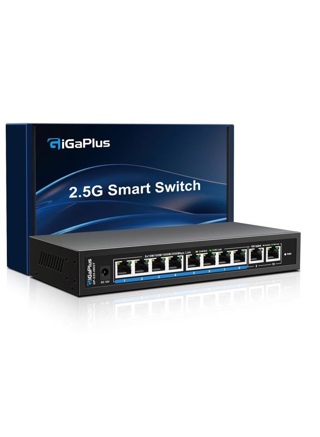 GigaPlus 10 Ports 10Gb Unmanaged Ethernet Switch with 8*2.5G Base-T Ports, 2*10G RJ45 Ports. GiGaPlus 10Gbps Network Switch for 2.5G/10Gbps NAS/PC, WiFi6 Router, Wireless AP - Image 1