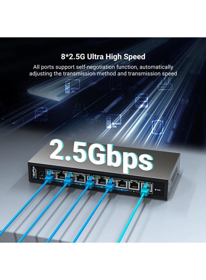 GigaPlus 10 Ports 10Gb Unmanaged Ethernet Switch with 8*2.5G Base-T Ports, 2*10G RJ45 Ports. GiGaPlus 10Gbps Network Switch for 2.5G/10Gbps NAS/PC, WiFi6 Router, Wireless AP - Image 5