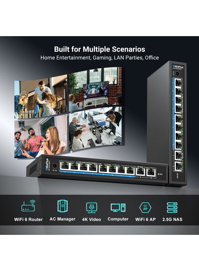 GigaPlus 10 Ports 10Gb Unmanaged Ethernet Switch with 8*2.5G Base-T Ports, 2*10G RJ45 Ports. GiGaPlus 10Gbps Network Switch for 2.5G/10Gbps NAS/PC, WiFi6 Router, Wireless AP - Image 4
