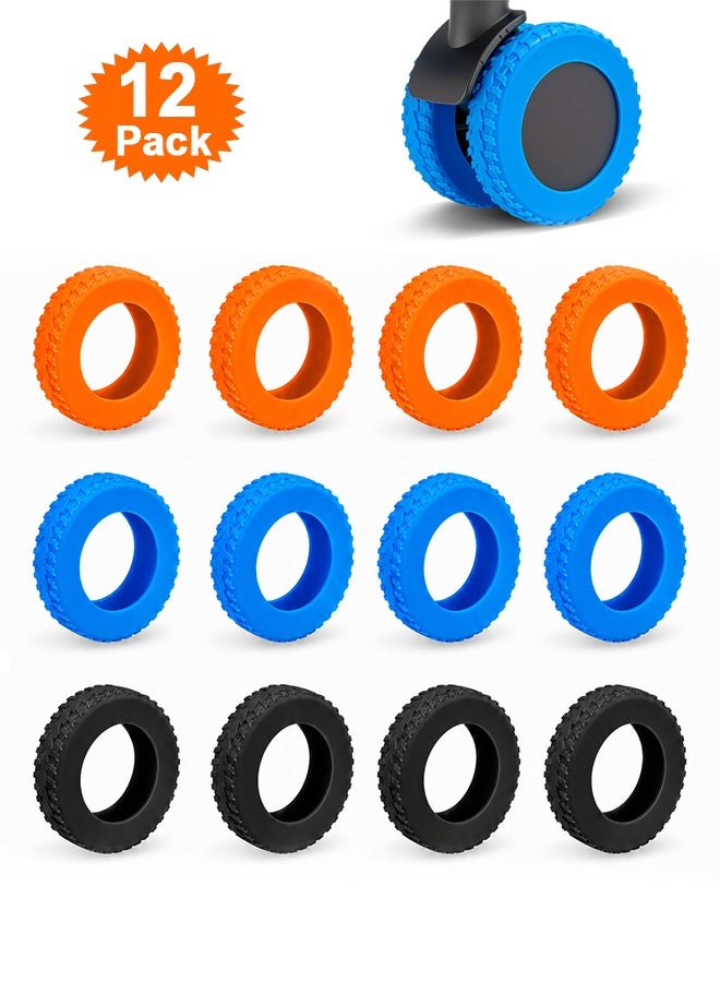 Quantum 12 Pcs Noise Reducing Luggage Wheel Protector Covers - Anti-Noise Suitcase Caster Sleeve - Wear Resistant Trolley Case Wheel Cover for Travel Airport, Protect Wheels & Reduce Scratches (Black + Blue + Orange) - Image 1