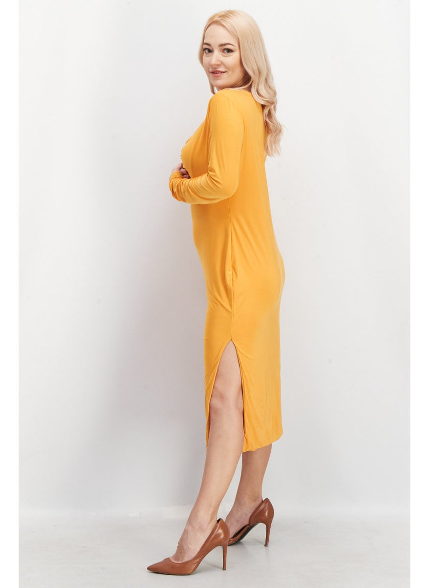 I SAW IT FIRST - Women Keyhole Neck Long Sleeve Plain Midi Dress, Orange - Image 1
