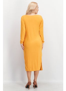 Women Keyhole Neck Long Sleeve Plain Midi Dress, Orange