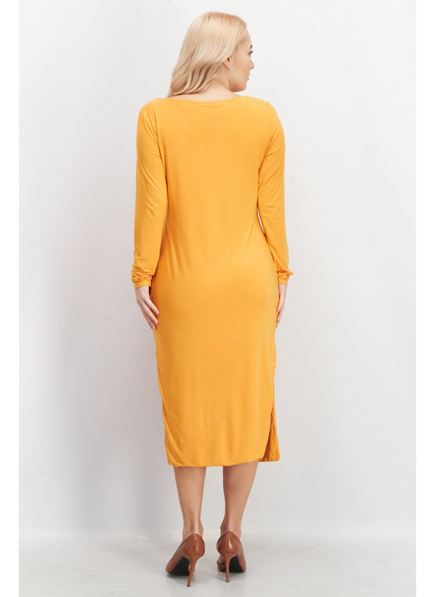 I SAW IT FIRST - Women Keyhole Neck Long Sleeve Plain Midi Dress, Orange - Image 1