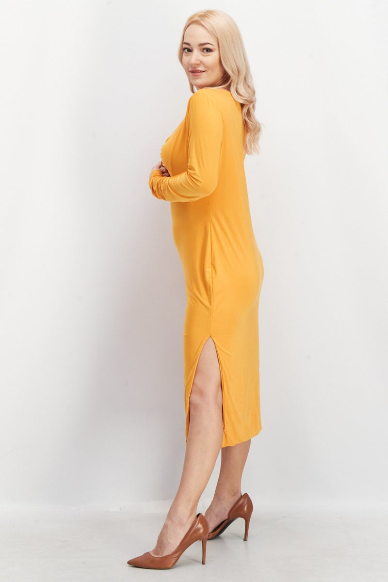 I SAW IT FIRST Women Keyhole Neck Long Sleeve Plain Midi Dress, Orange - Image 2