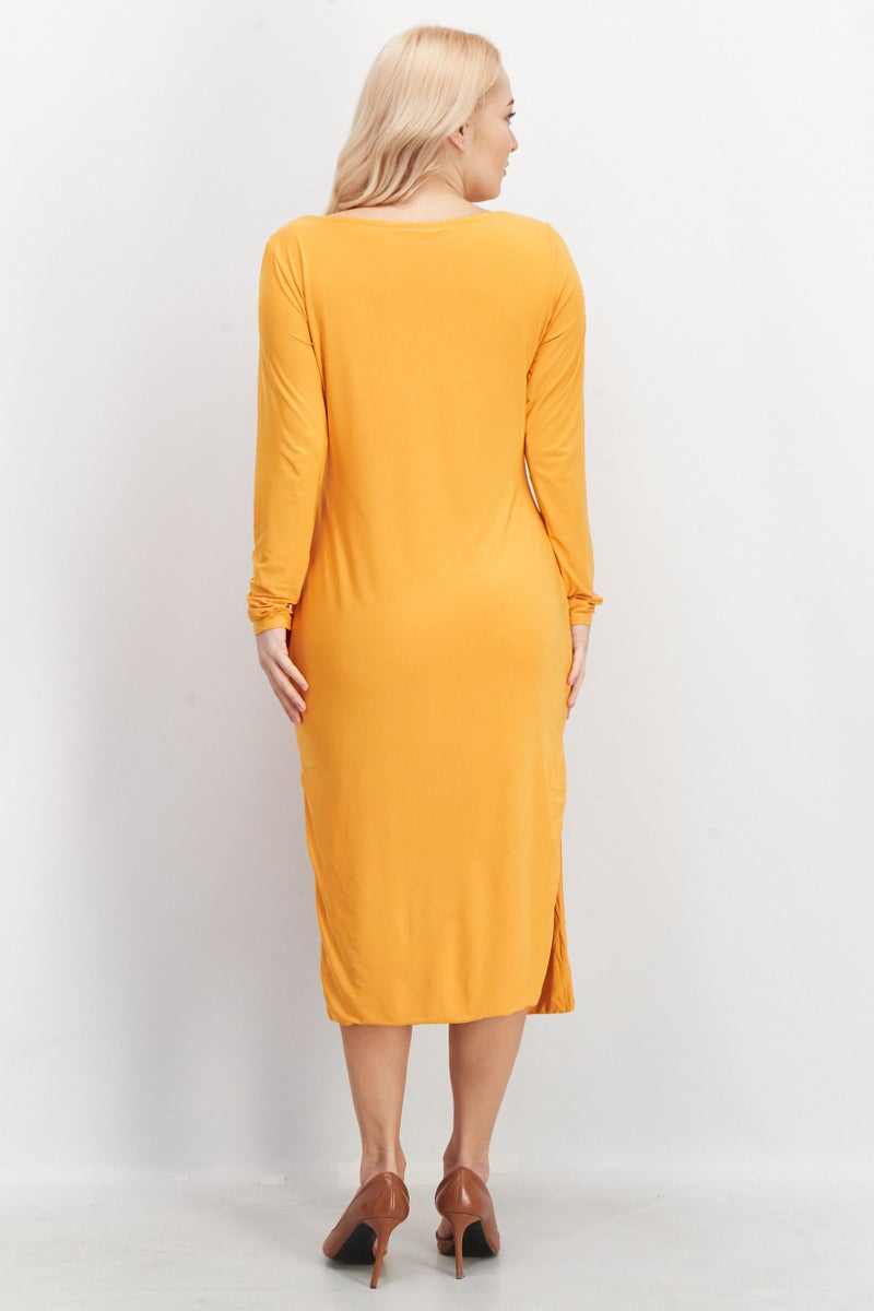 I SAW IT FIRST Women Keyhole Neck Long Sleeve Plain Midi Dress, Orange - Image 1