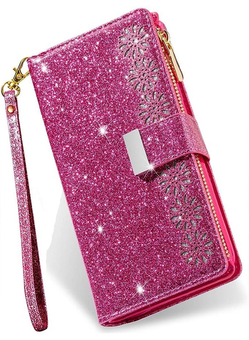 iPhone 15 Pro Max Wallet Case Cover For Women Luxury Bling Diamond  Card Phone Holder Wrist Strap PU Leather Slots Shockproof Protective Back Cover Accessory For iPhone 15 Pro Max  - Image 5