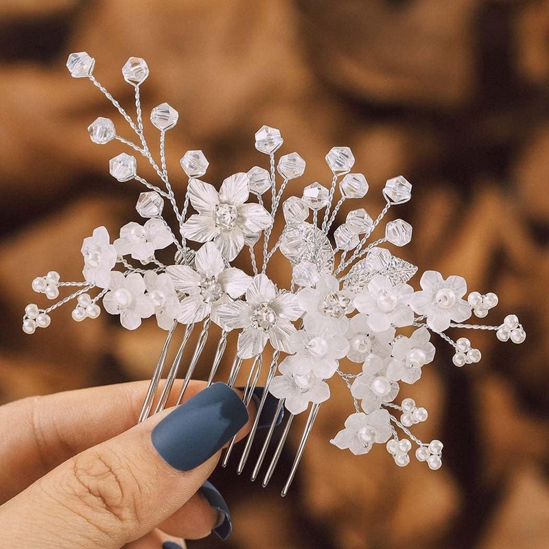 IYOU Bridal Wedding Crystal Hair Comb Pearl Flower Headpiece Communion Prom Princess Hair Accessories for Women Silver