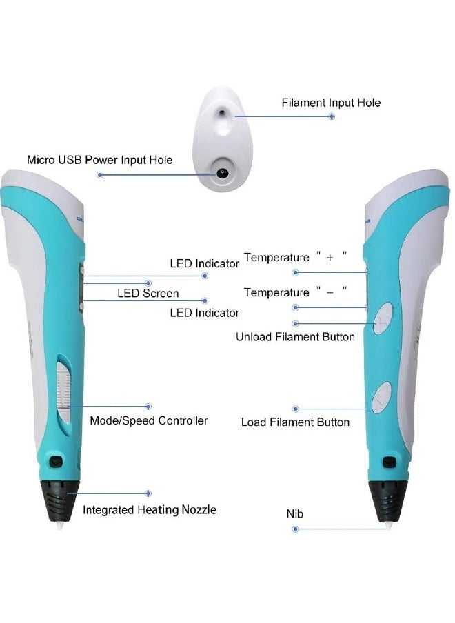 3D Printing Pen, Includes 3D Pen, 3 Colours of PLA Filament, Stencil Book, Project Guide and Charger, Drawing Stencil Doodler, Arts and Crafts Gift for Kids and Adults, Blue