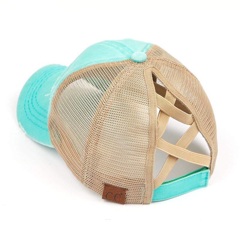 Funky Junque قبعة بيسبول للنساء من فنكي جونك مع فتحة ذيل حصان قابلة للتعديل بتصميم متقاطع ومظهر مهمل، بيج شبكي - نعناعي (مهمل) - Image 3