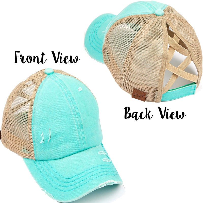 Funky Junque قبعة بيسبول للنساء من فنكي جونك مع فتحة ذيل حصان قابلة للتعديل بتصميم متقاطع ومظهر مهمل، بيج شبكي - نعناعي (مهمل) - Image 4