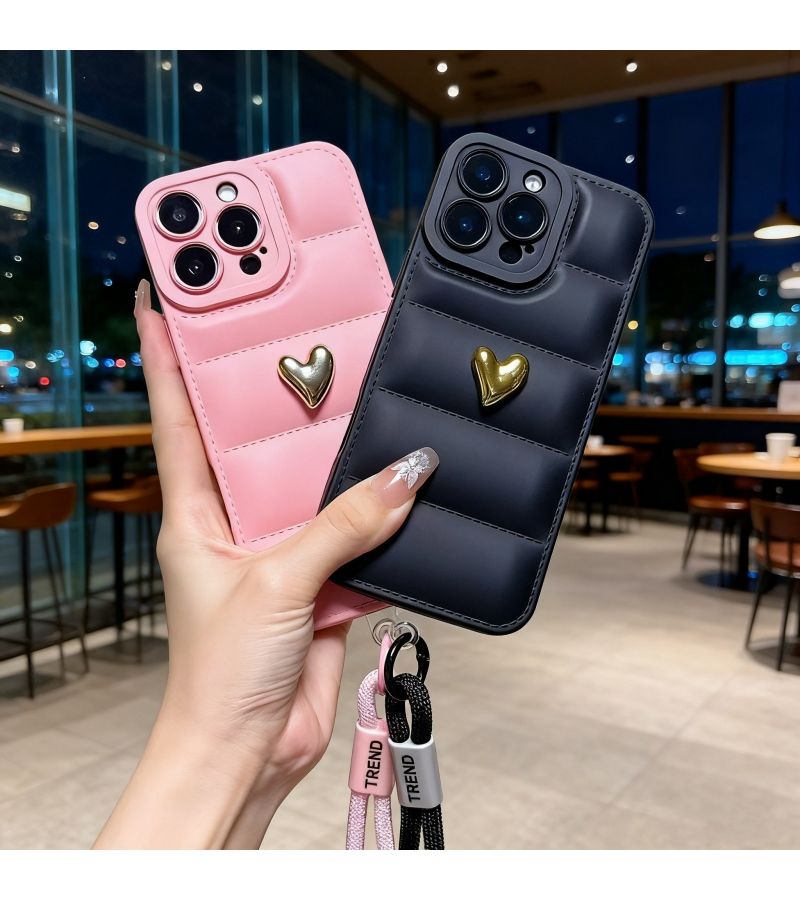 غطاء هاتف واقٍ ضد الصدمات على شكل قلب مطلي كهربائيًا لهاتف iPhone 13 غطاء مضاد للسقوط مع حزام. - Image 3