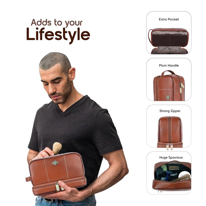 HAMMONDS FLYCATCHER 11 Cms Genuine Leather Toiletry Bag For Men, Tan Dopp Kit, Travel Accessory- Toiletry Kit, Large Shaving Kit Bag, Grooming Kit Organizer, Hand Stitched Vanity Case - Image 3